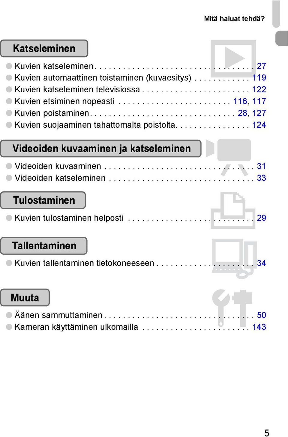 ............... 124 Videoiden kuvaaminen ja katseleminen E Videoiden kuvaaminen................................ 31 Videoiden katseleminen............................... 33 Tulostaminen 2 Kuvien tulostaminen helposti.