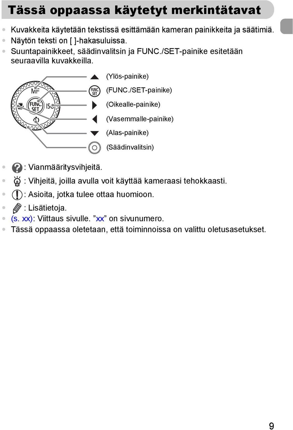 /SET-painike) (Oikealle-painike) (Vasemmalle-painike) (Alas-painike) (Säädinvalitsin) : Vianmääritysvihjeitä.