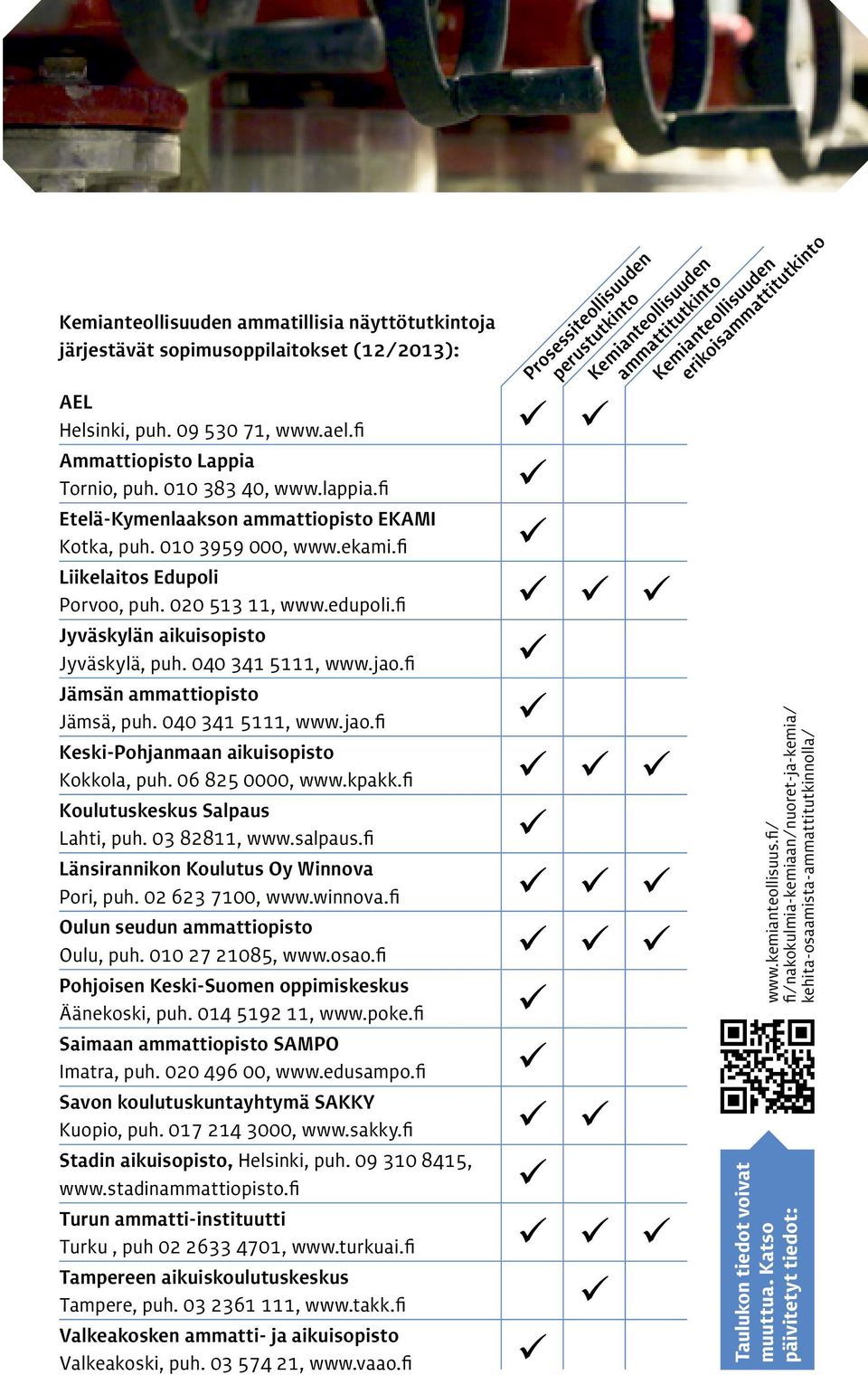 jao.fi Jämsän ammattiopisto Jämsä, puh. 040 341 5111, www.jao.fi Keski-Pohjanmaan aikuisopisto Kokkola, puh. 06 825 0000, www.kpakk.fi Koulutuskeskus Salpaus Lahti, puh. 03 82811, www.salpaus.