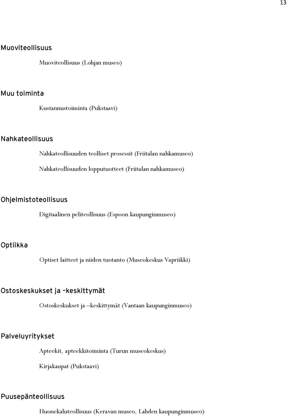 Optiikka Optiset laitteet ja niiden tuotanto (Museokeskus Vapriikki) Ostoskeskukset ja keskittymät Ostoskeskukset ja keskittymät (Vantaan kaupunginmuseo)