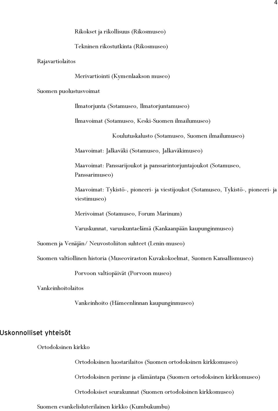 panssarintorjuntajoukot (Sotamuseo, Panssarimuseo) Maavoimat: Tykistö-, pioneeri- ja viestijoukot (Sotamuseo, Tykistö-, pioneeri- ja viestimuseo) Merivoimat (Sotamuseo, Forum Marinum) Varuskunnat,