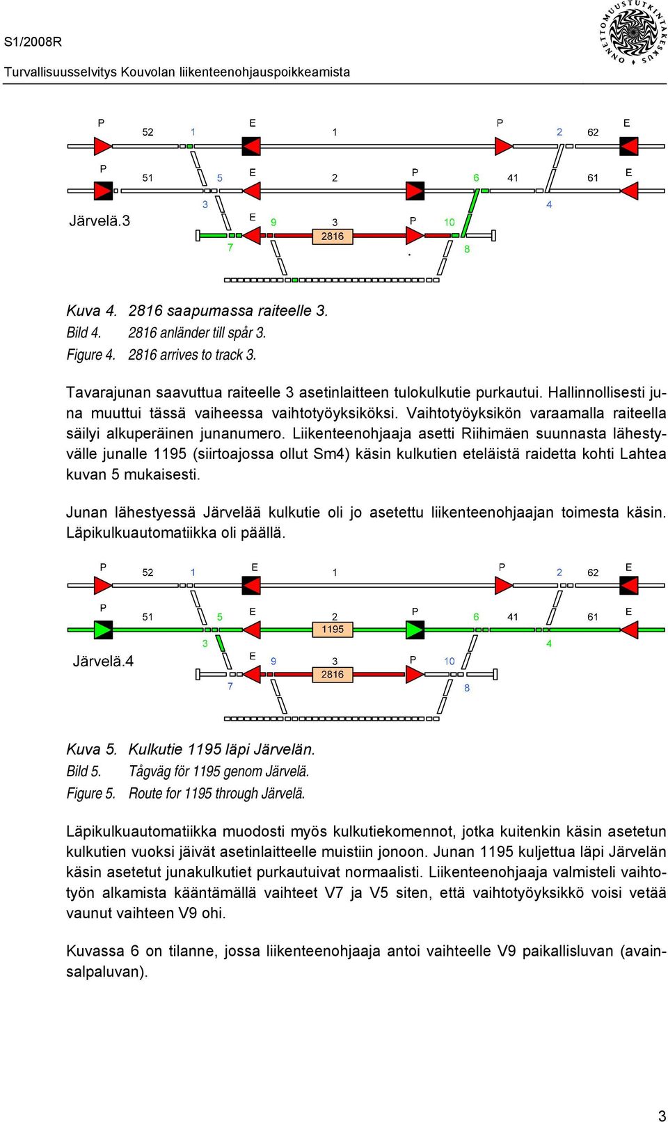 Liikenteenohjaaja asetti Riihimäen suunnasta lähestyvälle junalle 1195 (siirtoajossa ollut Sm4) käsin kulkutien eteläistä raidetta kohti Lahtea kuvan 5 mukaisesti.