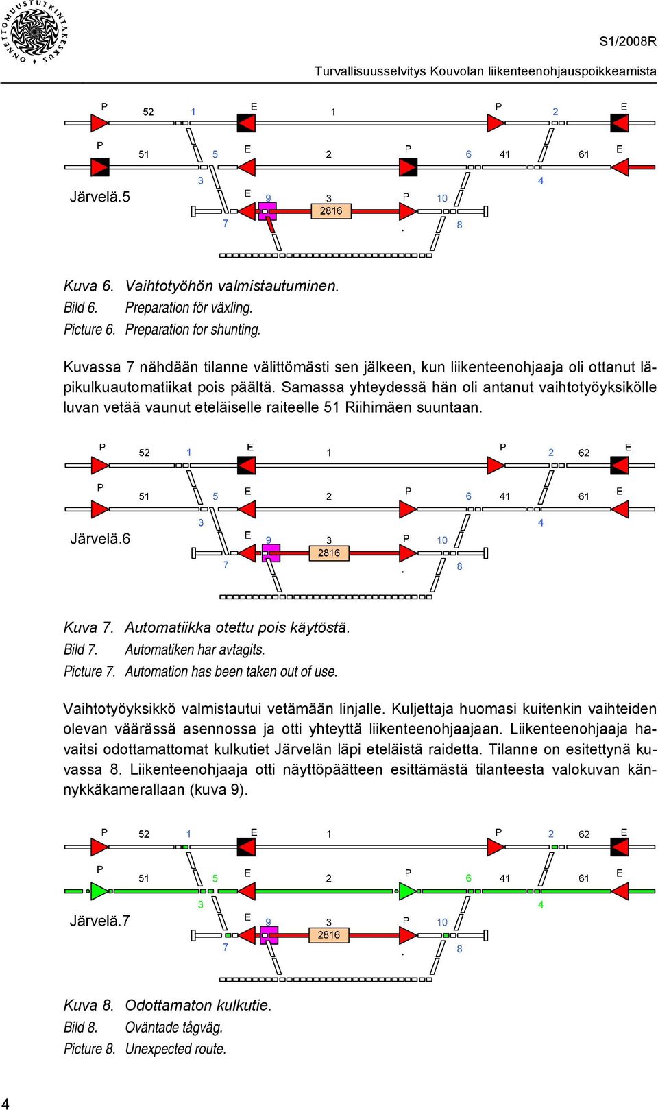 Samassa yhteydessä hän oli antanut vaihtotyöyksikölle luvan vetää vaunut eteläiselle raiteelle 51 Riihimäen suuntaan. Kuva 7. Automatiikka otettu pois käytöstä. Bild 7. Automatiken har avtagits.