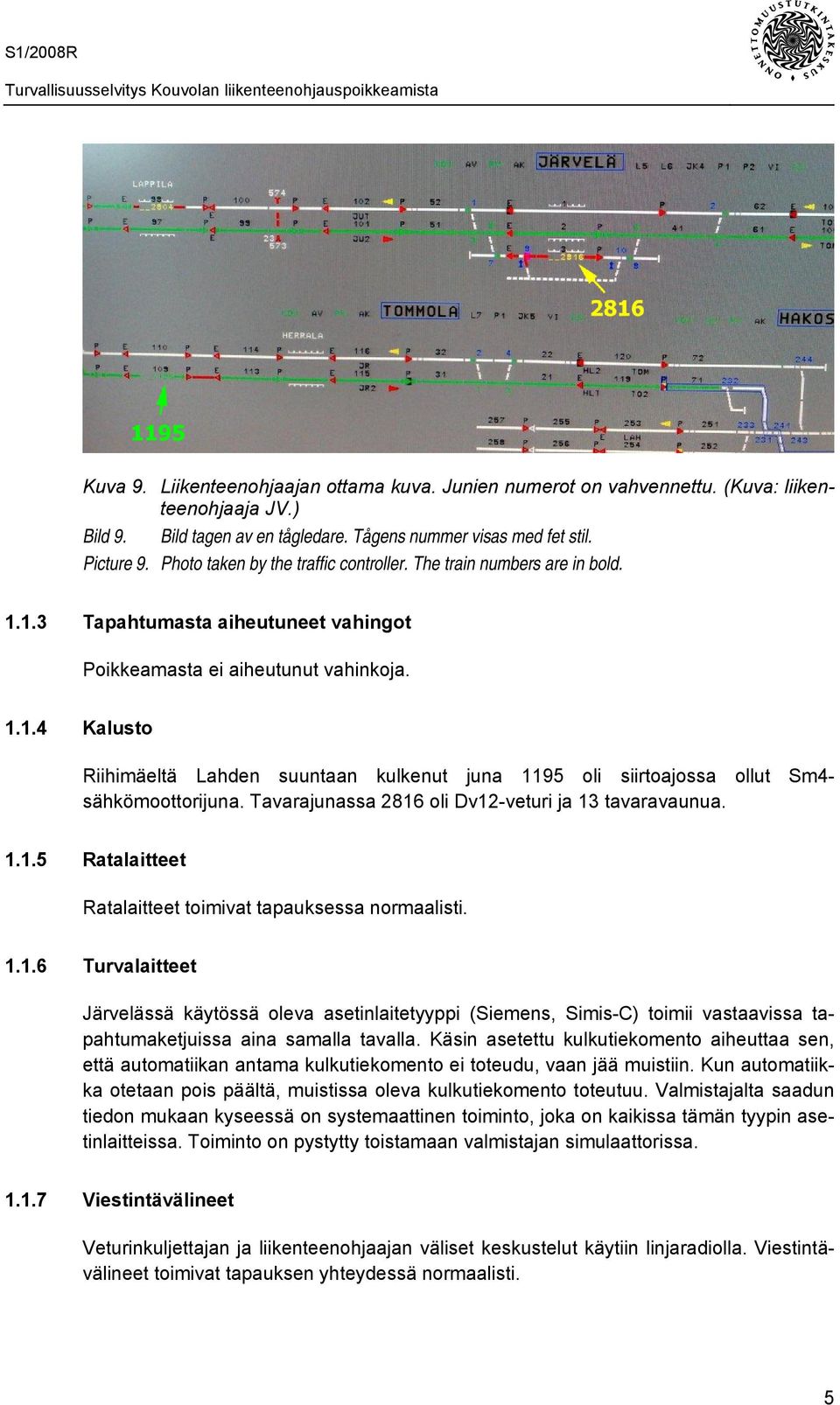 Tavarajunassa 2816 oli Dv12-veturi ja 13 tavaravaunua. 1.1.5 Ratalaitteet Ratalaitteet toimivat tapauksessa normaalisti. 1.1.6 Turvalaitteet Järvelässä käytössä oleva asetinlaitetyyppi (Siemens, Simis-C) toimii vastaavissa tapahtumaketjuissa aina samalla tavalla.