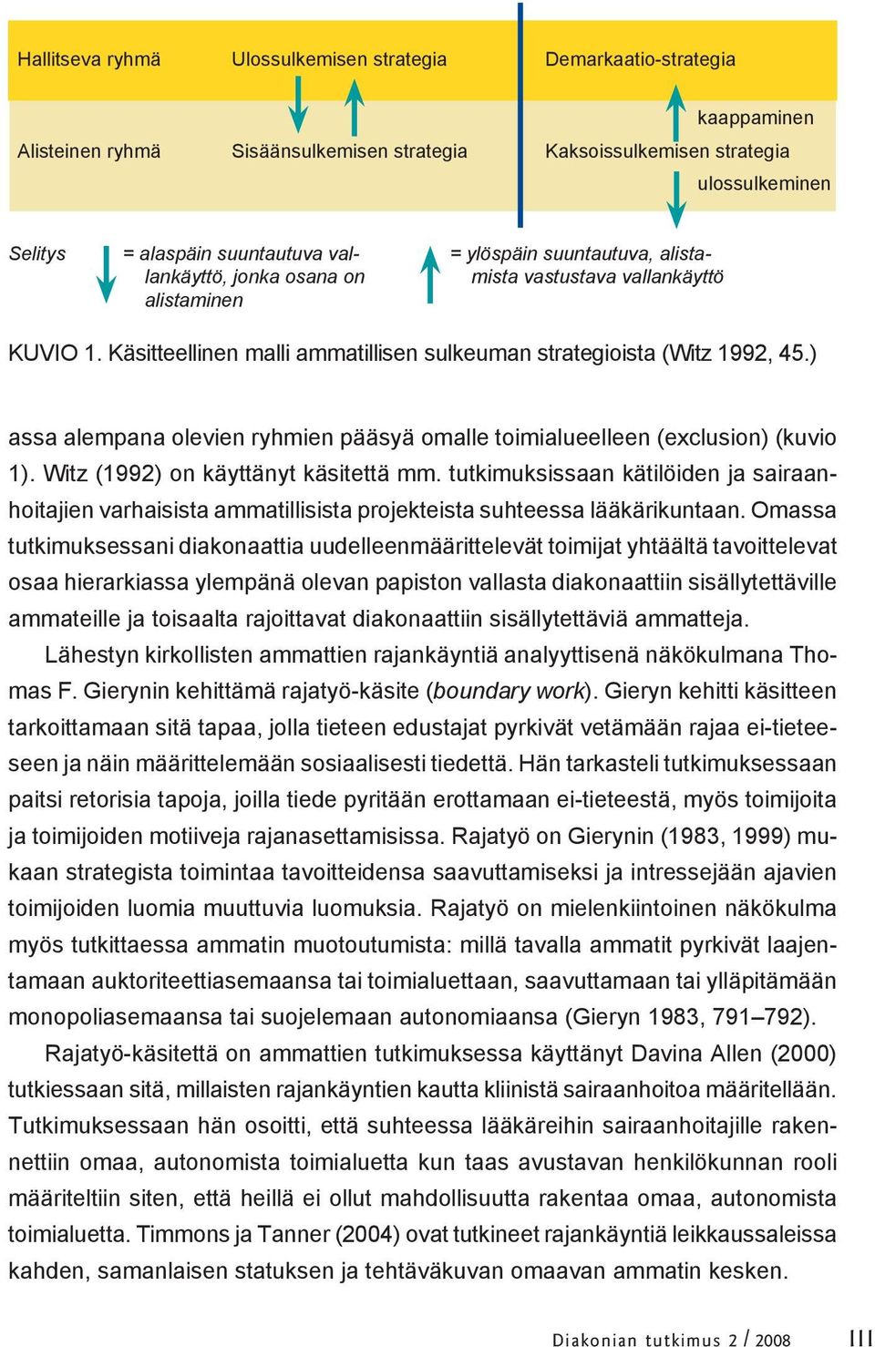 ) assa alempana olevien ryhmien pääsyä omalle toimialueelleen (exclusion) (kuvio 1). Witz (1992) on käyttänyt käsitettä mm.