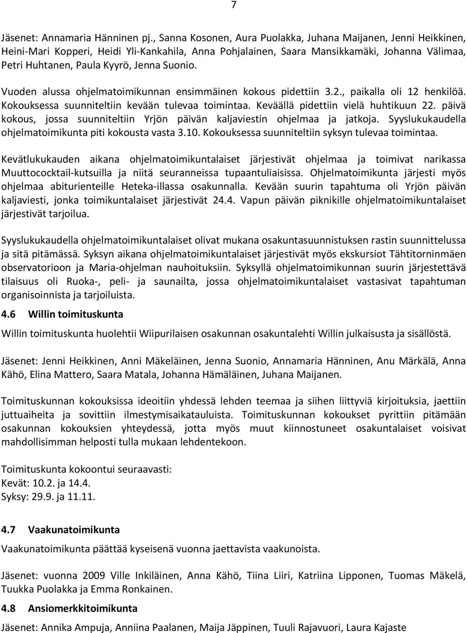 Suonio. Vuoden alussa ohjelmatoimikunnan ensimmäinen kokous pidettiin 3.2., paikalla oli 12 henkilöä. Kokouksessa suunniteltiin kevään tulevaa toimintaa. Keväällä pidettiin vielä huhtikuun 22.