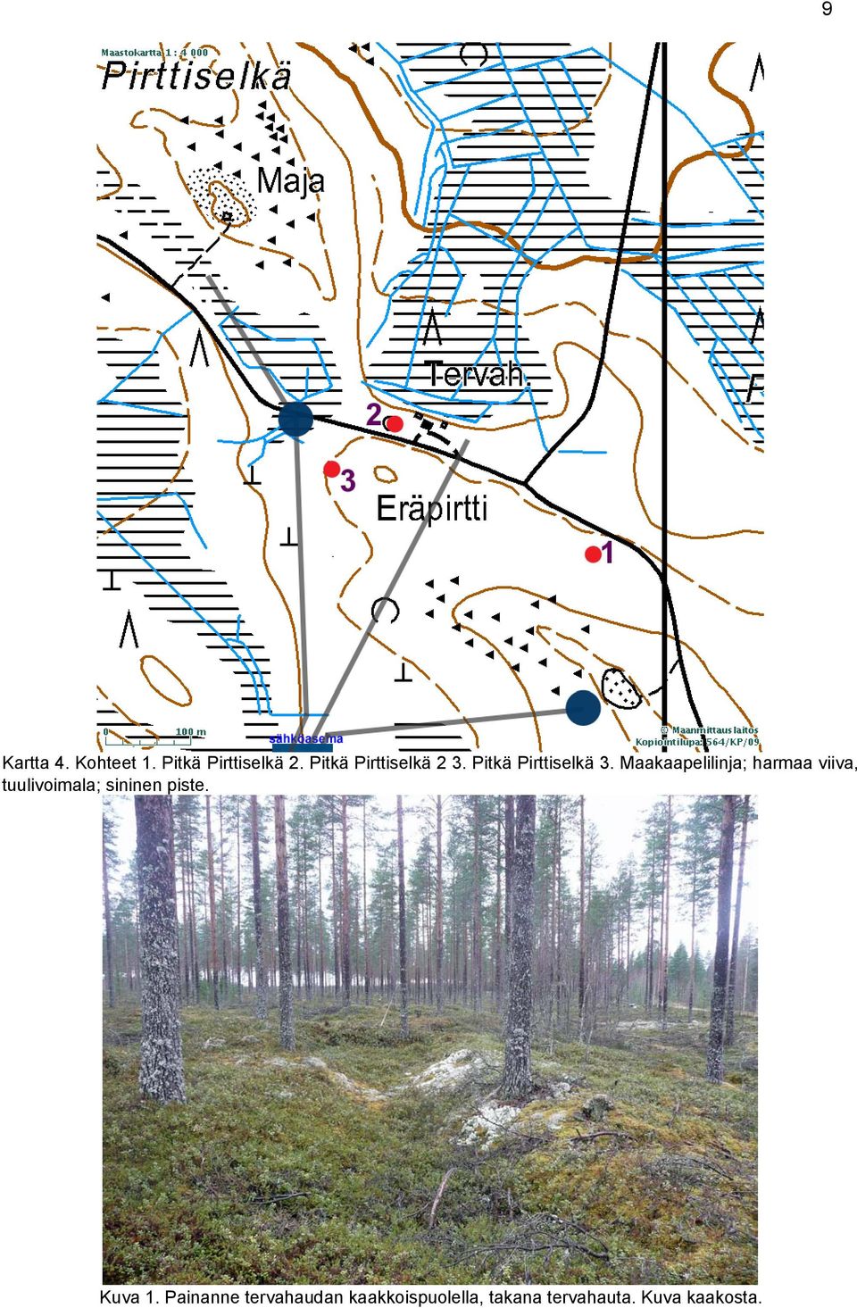 Maakaapelilinja; harmaa viiva, tuulivoimala; sininen