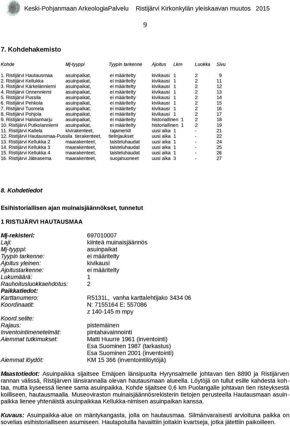 Ristijärvi Putkolanniemi asuinpaikat,. Ristijärvi Kallela kivirakenteet,. Ristijärvi Hautausmaa-Pussila tierakenteet, 3. Ristijärvi Kellukka maarakenteet, 4. Ristijärvi Kellukka 3 maarakenteet, 5.