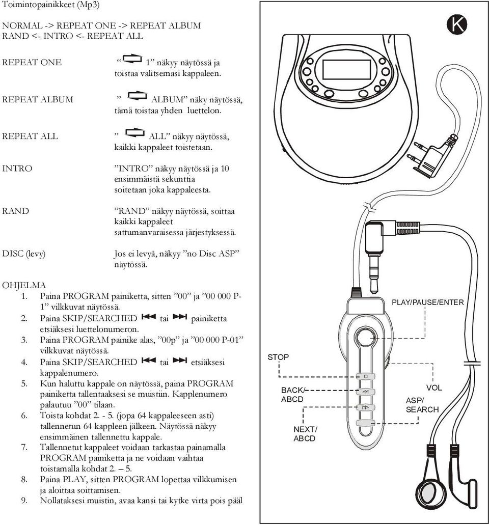 INTRO INTRO näkyy näytössä ja 10 ensimmäistä sekunttia soitetaan joka kappaleesta. RAND DISC (levy) RAND näkyy näytössä, soittaa kaikki kappaleet sattumanvaraisessa järjestyksessä.
