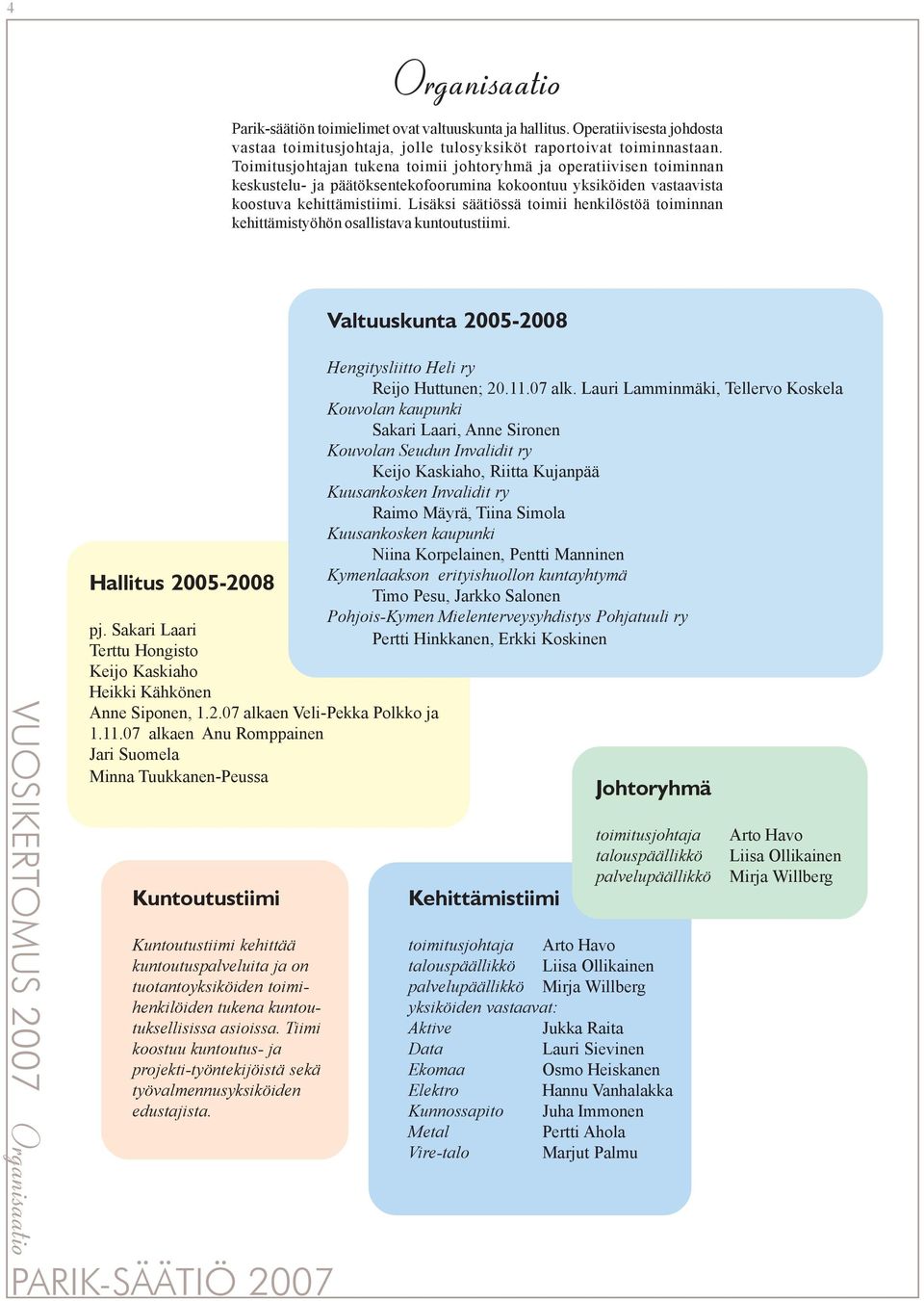 Lisäksi säätiössä toimii henkilöstöä toiminnan kehittämistyöhön osallistava kuntoutustiimi. VUOSIKERTOMUS 2007 Organisaatio Hengitysliitto Heli ry Reijo Huttunen; 20.11.07 alk.