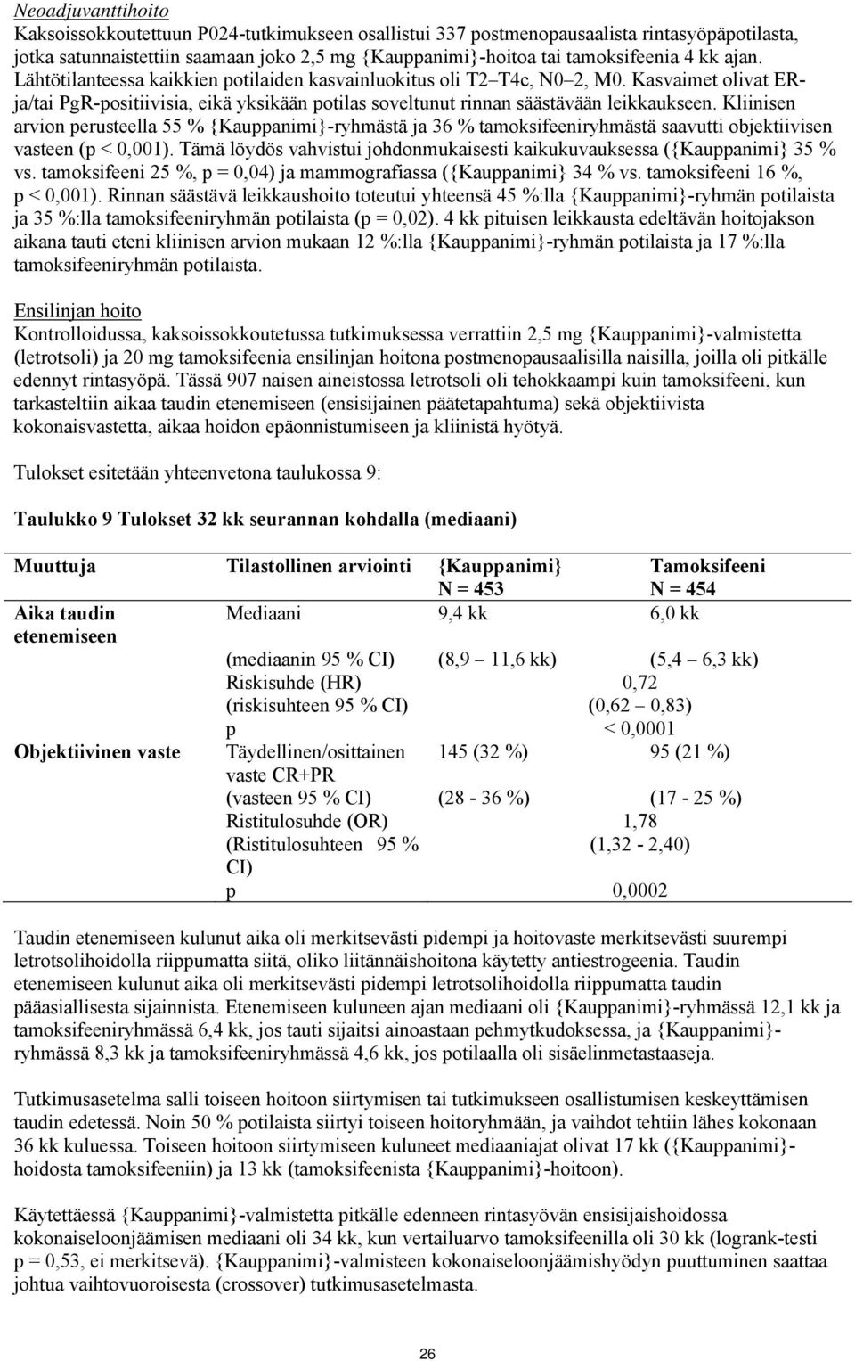 Kliinisen arvion perusteella 55 % {Kauppanimi}-ryhmästä ja 36 % tamoksifeeniryhmästä saavutti objektiivisen vasteen (p < 0,001).