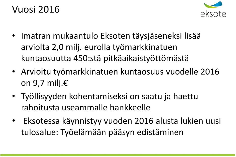 kuntaosuus vuodelle 2016 on 9,7 milj.