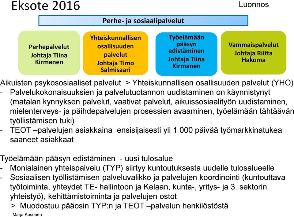 käynnistynyt (matalan kynnyksen palvelut, vaativat palvelut, aikuissosiaalityön uudistaminen, mielenterveys- ja päihdepalvelujen prosessien avaaminen, työelämään tähtäävän työllistämisen tuki) - TEOT