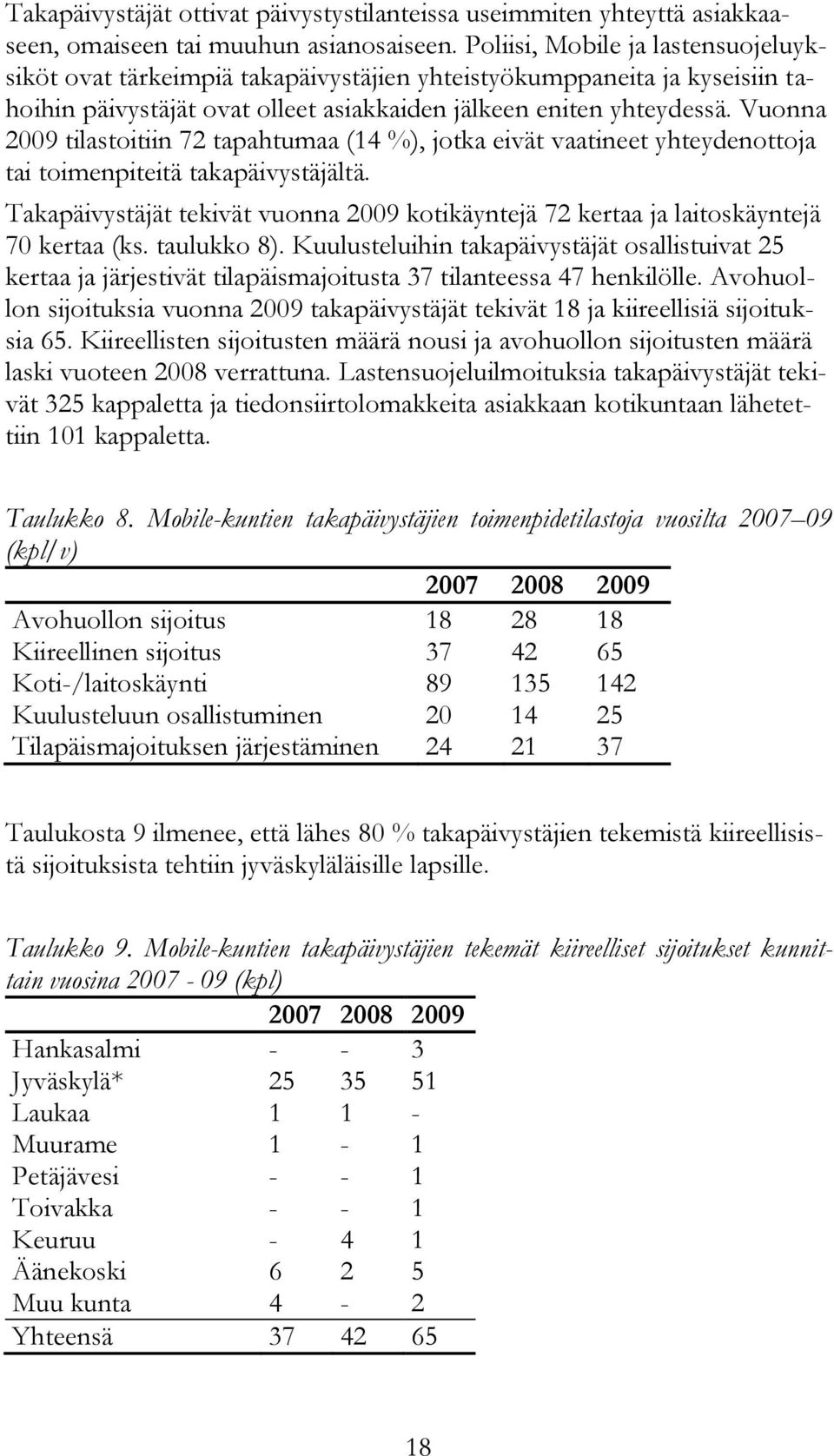 Vuonna 2009 tilastoitiin 72 tapahtumaa (14 %), jotka eivät vaatineet yhteydenottoja tai toimenpiteitä takapäivystäjältä.