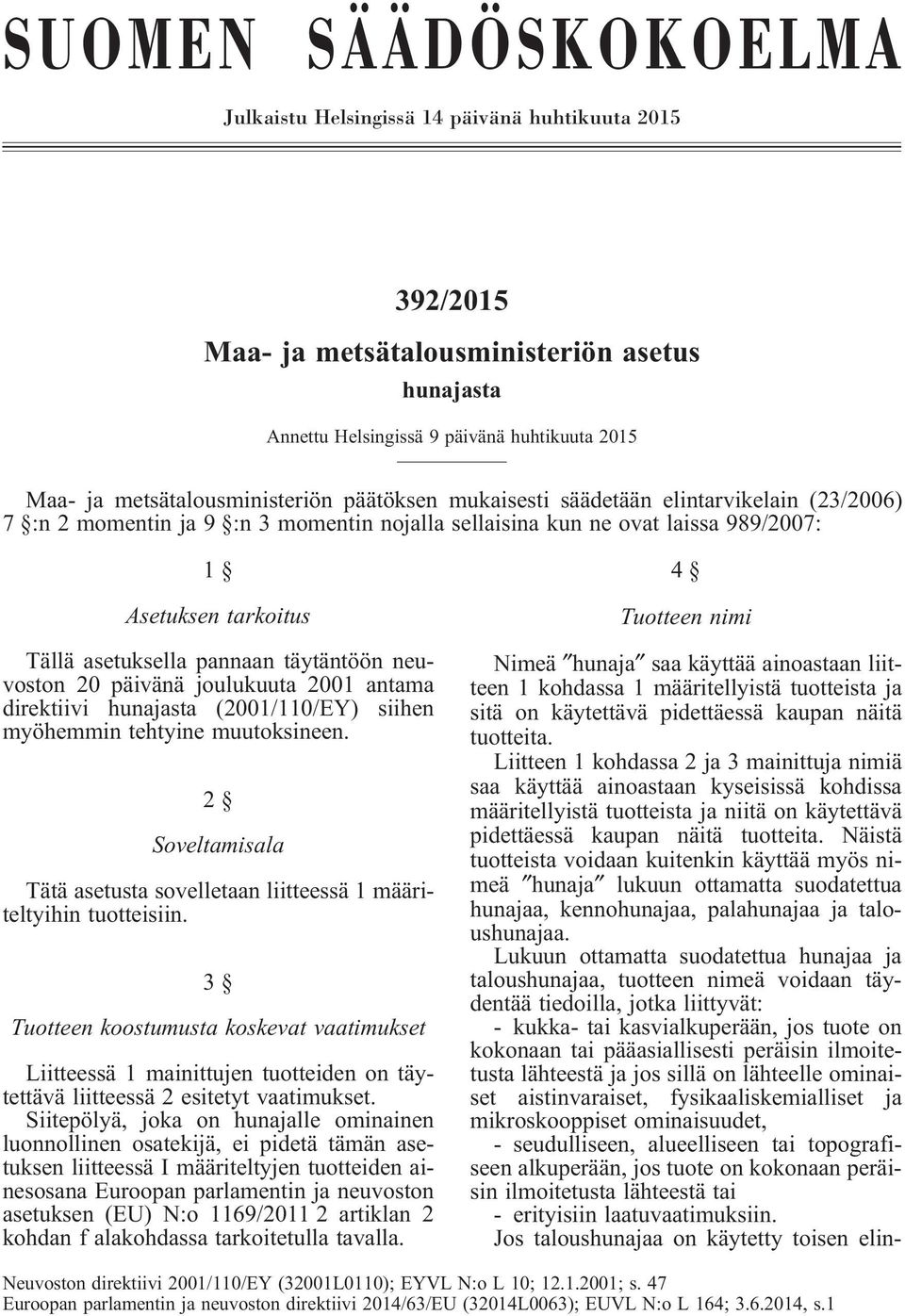 asetuksella pannaan täytäntöön neuvoston 20 päivänä joulukuuta 2001 antama direktiivi hunajasta (2001/110/EY) siihen myöhemmin tehtyine muutoksineen.