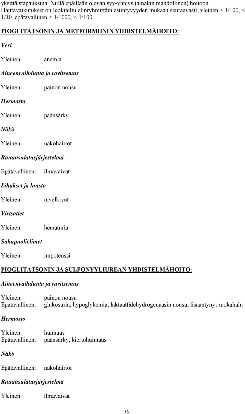 PIOGLITATSONIN JA METFORMIININ YHDISTELMÄHOITO: Veri Yleinen: anemia Aineenvaihdunta ja ravitsemus Yleinen: painon nousu Hermosto Yleinen: päänsärky Näkö Yleinen: näköhäiriöt Ruuansulatusjärjestelmä