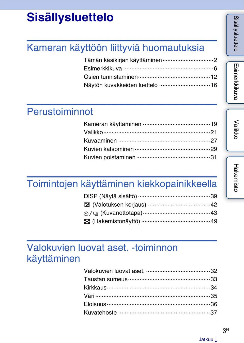 31 Toimintojen käyttäminen kiekkopainikkeella DISP (Näytä sisältö) 39 (Valotuksen korjaus) 42 (Kuvanottotapa) 43 (Hakemistonäyttö) 49