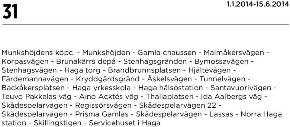 Brandbrunnsplatsen - Hjältevägen - Färdemannavägen - Kryddgårdsgränd - Åskelsvägen - Tunnelvägen - Backåkersplatsen - Haga yrkesskola - Haga