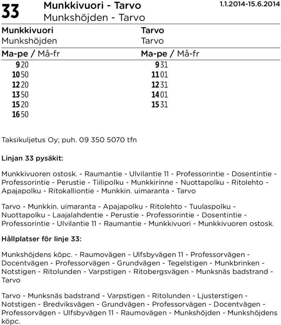 uimaranta - Apajapolku - Ritolehto - Tuulaspolku - Nuottapolku - Laajalahdentie - Perustie - Professorintie - Dosentintie - Professorintie - Ulvilantie 11 - Raumantie - Munkkivuori - Munkkivuoren