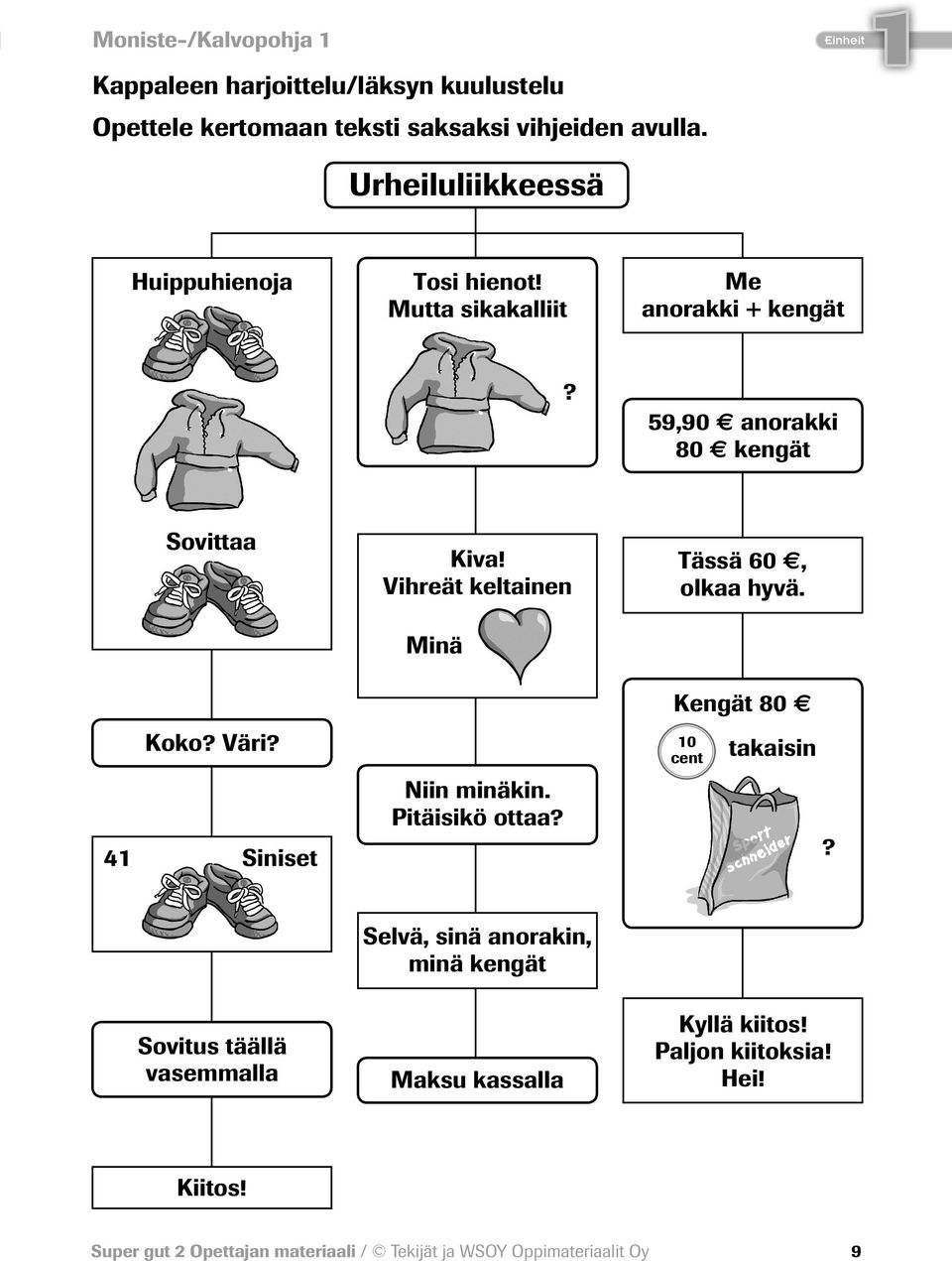 4 Siniset Kiva! Vihreät keltainen Minä Niin minäkin. Pitäisikö ottaa? Tässä 60, olkaa hyvä. Kengät 80 0 cent takaisin?