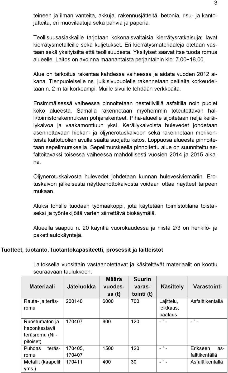 Yksityiset saavat itse tuoda romua alueelle. Laitos on avoinna maanantaista perjantaihin klo: 7.00 18.00. Alue on tarkoitus rakentaa kahdessa vaiheessa ja aidata vuoden 2012 aikana.