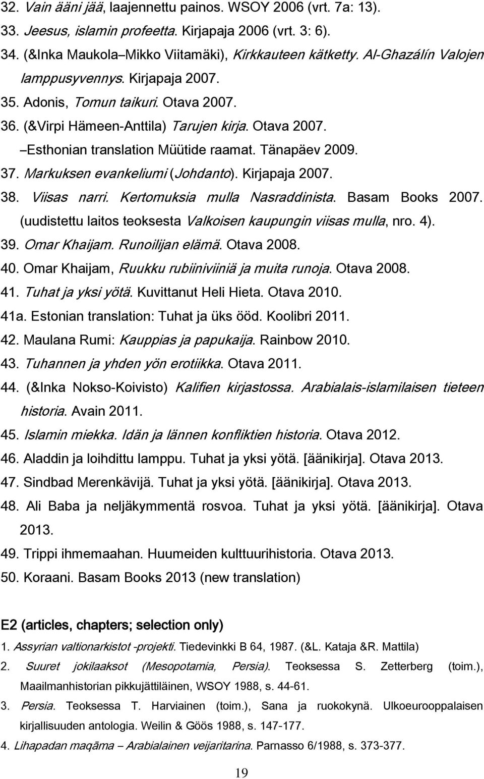 37. Markuksen evankeliumi (Johdanto). Kirjapaja 2007. 38. Viisas narri. Kertomuksia mulla Nasraddinista. Basam Books 2007. (uudistettu laitos teoksesta Valkoisen kaupungin viisas mulla, nro. 4). 39.