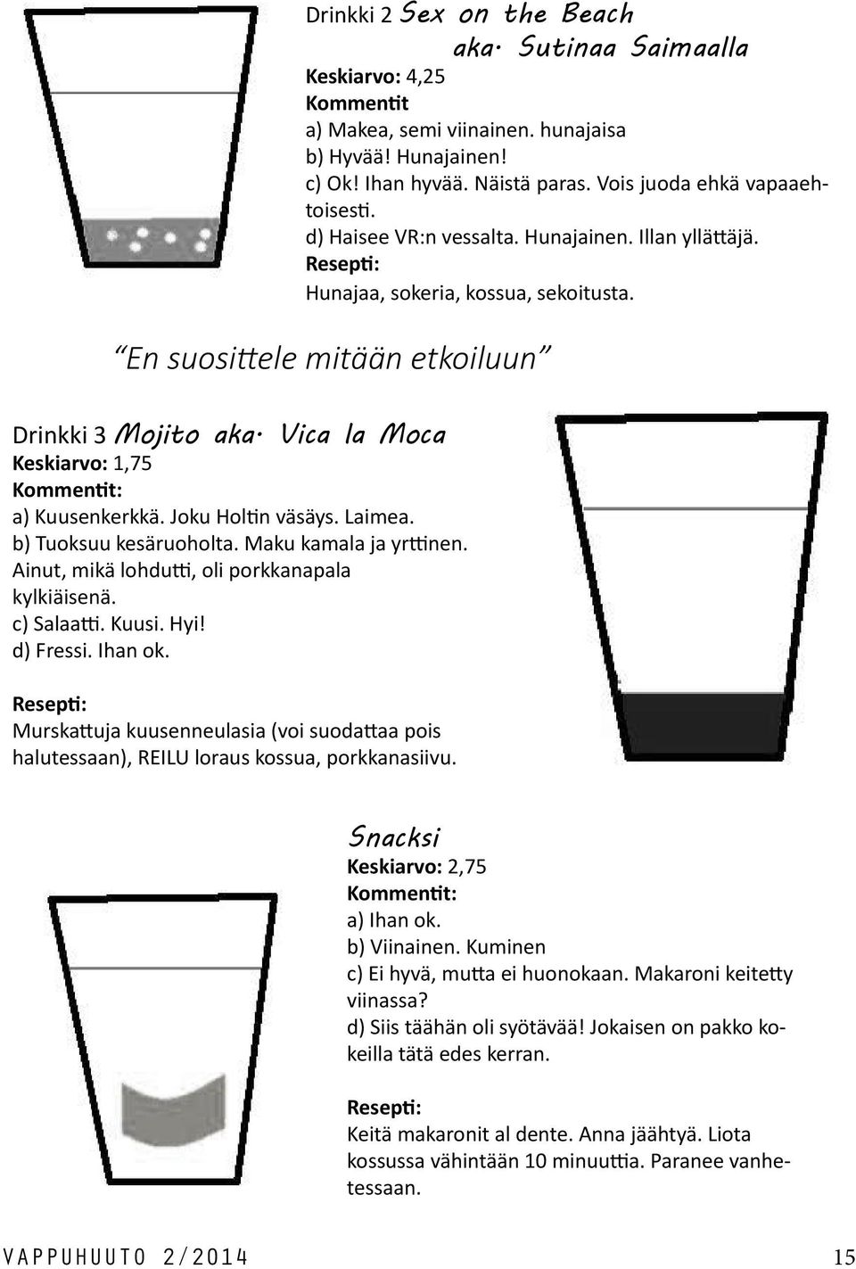 Vica la Moca Keskiarvo: 1,75 Kommentit: a) Kuusenkerkkä. Joku Holtin väsäys. Laimea. b) Tuoksuu kesäruoholta. Maku kamala ja yrttinen. Ainut, mikä lohdutti, oli porkkanapala kylkiäisenä. c) Salaatti.