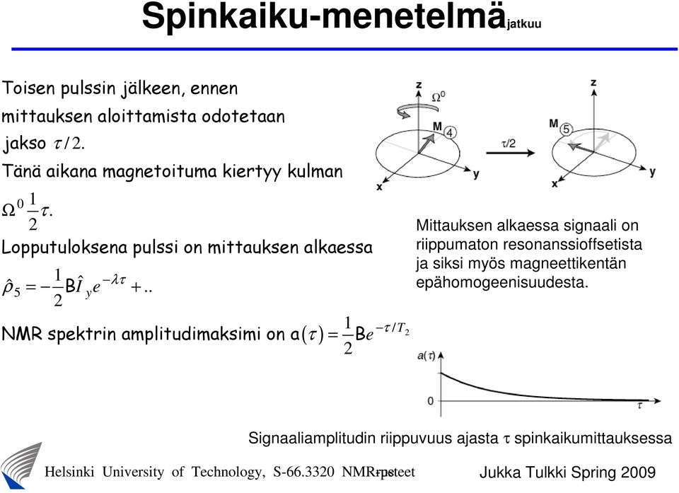 . NMR spektrin amplitudimaksimi on a / T ( τ ) = Be τ Mittauksen alkaessa signaali on riippumaton