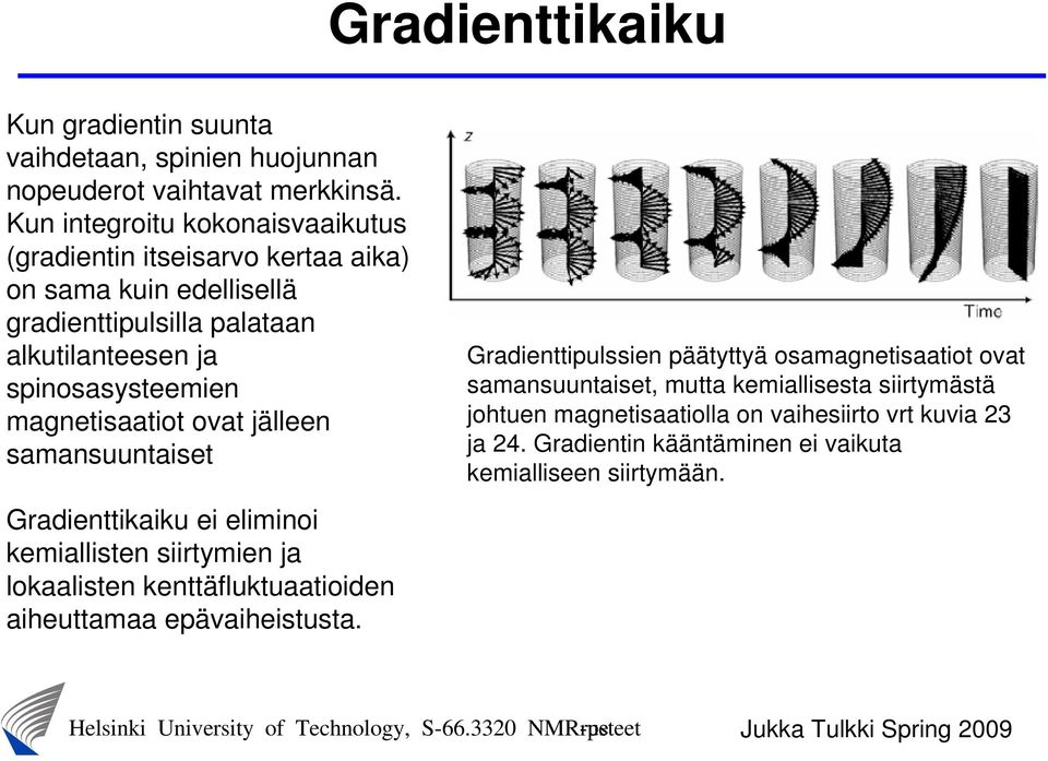 magnetisaatiot ovat jälleen samansuuntaiset Gradienttikaiku ei eliminoi kemiallisten siirtymien ja lokaalisten kenttäfluktuaatioiden aiheuttamaa