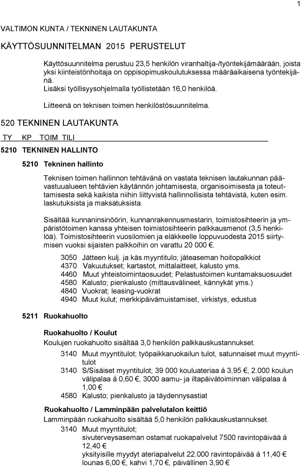 520 TEKNINEN LAUTAKUNTA TY KP TOIM TILI 5210 TEKNINEN HALLINTO 5210 Tekninen hallinto Teknisen toimen hallinnon tehtävänä on vastata teknisen lautakunnan päävastuualueen tehtävien käytännön