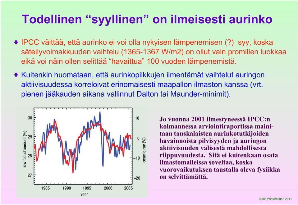 Kuitenkin huomataan, että aurinkopilkkujen ilmentämät vaihtelut auringon aktiivisuudessa korreloivat erinomaisesti maapallon ilmaston kanssa (vrt.