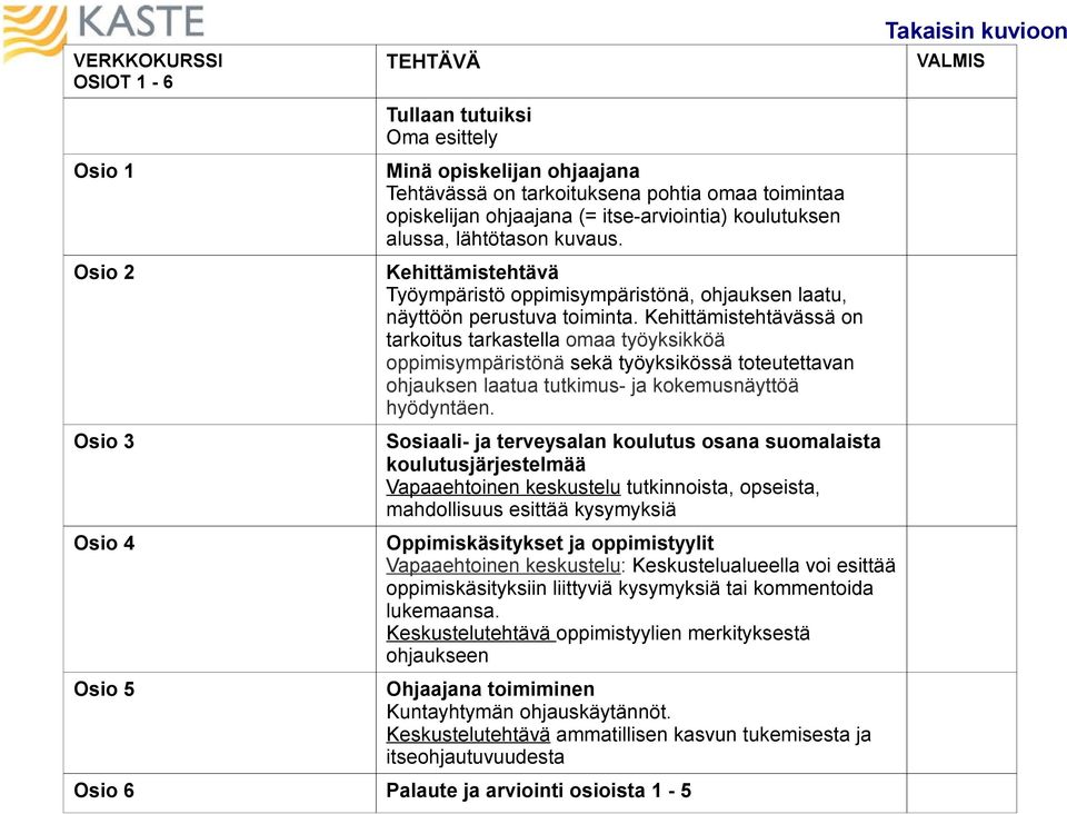 Kehittämistehtävässä on tarkoitus tarkastella omaa työyksikköä oppimisympäristönä sekä työyksikössä toteutettavan ohjauksen laatua tutkimus- ja kokemusnäyttöä hyödyntäen.