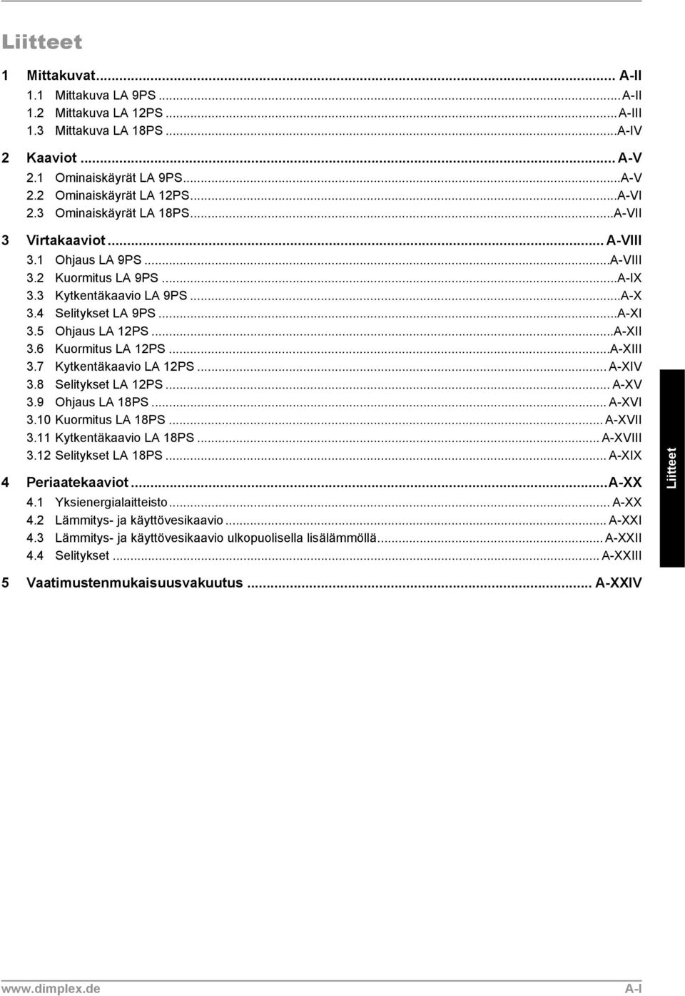 6 Kuormitus LA 12PS...A-XIII 3.7 Kytkentäkaavio LA 12PS... A-XIV 3.8 Selitykset LA 12PS... A-XV 3.9 Ohjaus LA 18PS... A-XVI 3.10 Kuormitus LA 18PS... A-XVII 3.11 Kytkentäkaavio LA 18PS... A-XVIII 3.