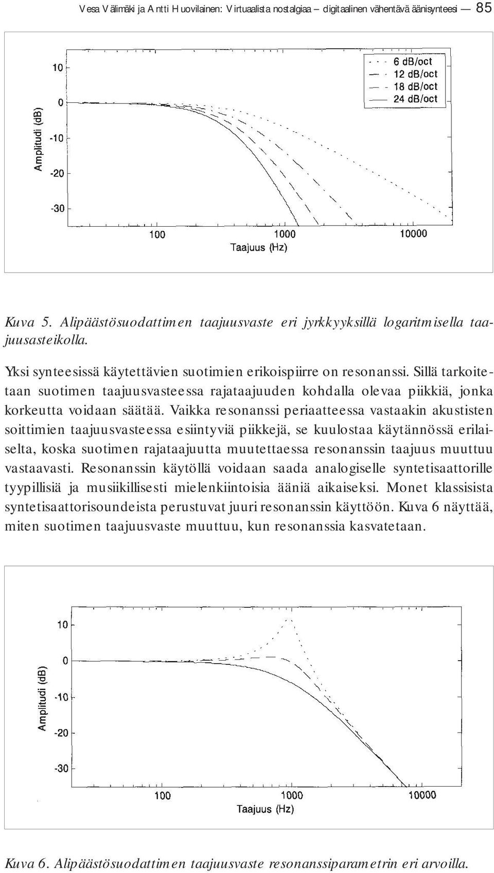 Vaikka resonanssi periaatteessa vastaakin akustisten soittimien taajuusvasteessa esiintyviä piik kejä, se kuulostaa käytännössä erilaiselta, koska suotimen rajataajuutta muutettaessa resonanssin