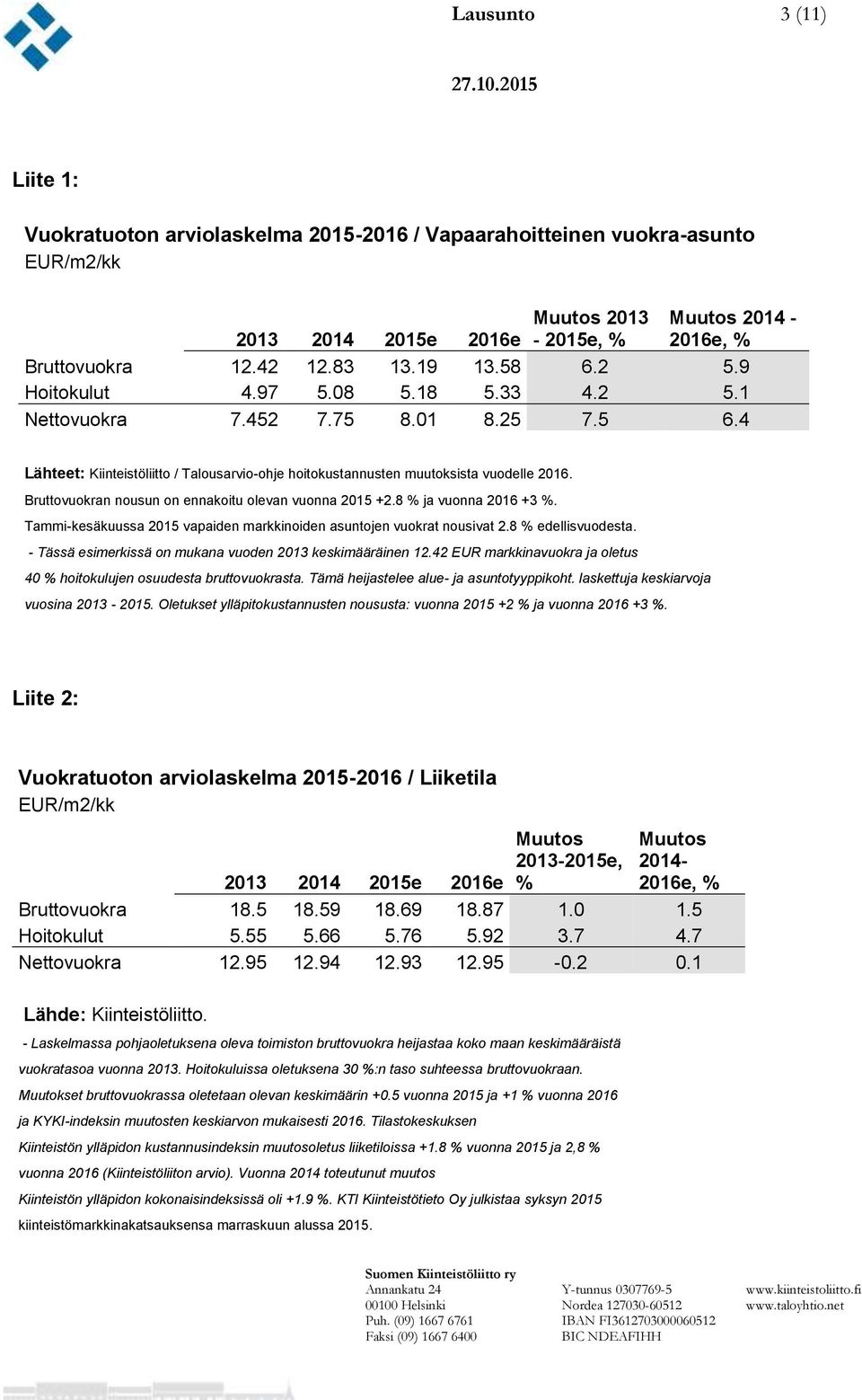 Bruttovuokran nousun on ennakoitu olevan vuonna 2015 +2.8 % ja vuonna 2016 +3 %. Tammi-kesäkuussa 2015 vapaiden markkinoiden asuntojen vuokrat nousivat 2.8 % edellisvuodesta.