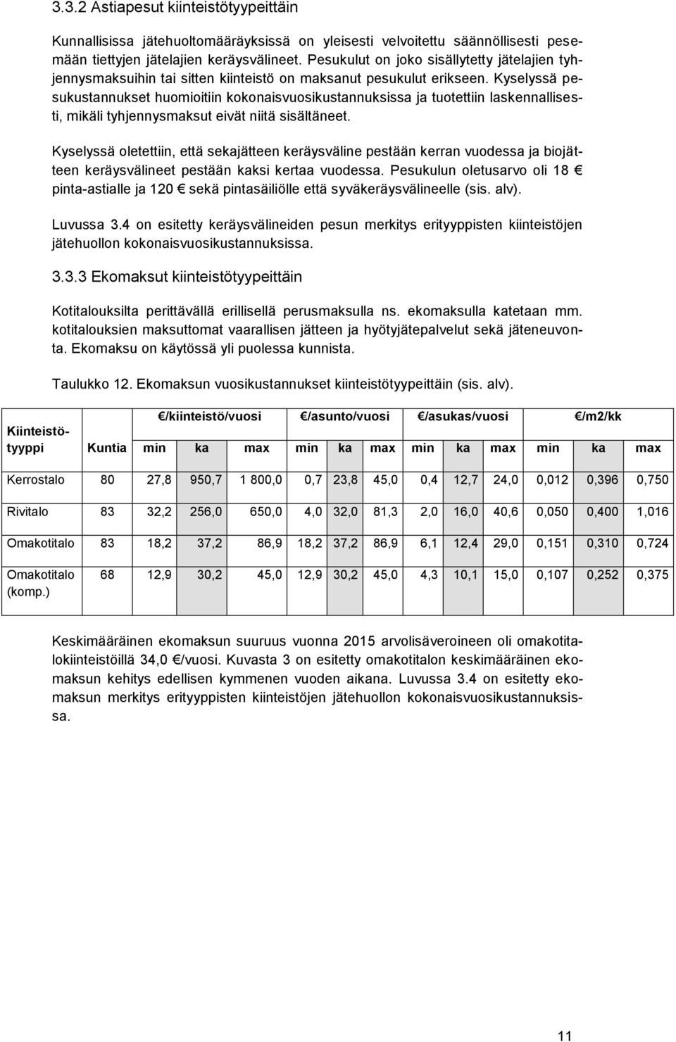 Kyselyssä pesukustannukset huomioitiin kokonaisvuosikustannuksissa ja tuotettiin laskennallisesti, mikäli tyhjennysmaksut eivät niitä sisältäneet.