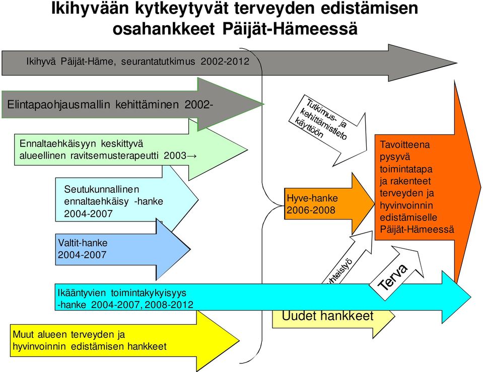 -hanke 2004-2007 Valtit-hanke 2004-2007 Hyve-hanke 2006-2008 Tavoitteena pysyvä toimintatapa ja rakenteet terveyden ja hyvinvoinnin