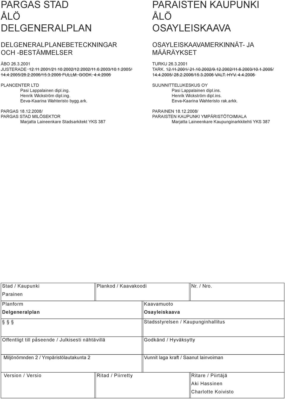 2008/ PARGAS STAD MILÖSEKTOR Marjatta Laineenkare Stadsarkitekt YKS 387 PARAISTEN KAUPUNKI ÅLÖ OSAYLEISKAAVA OSAYLEISKAAVAMERKINNÄT- JA MÄÄRÄYKSET TURKU 26.3.2001 TARK. 12.11.2001/ 21.10.2002/9.12.2002/11.