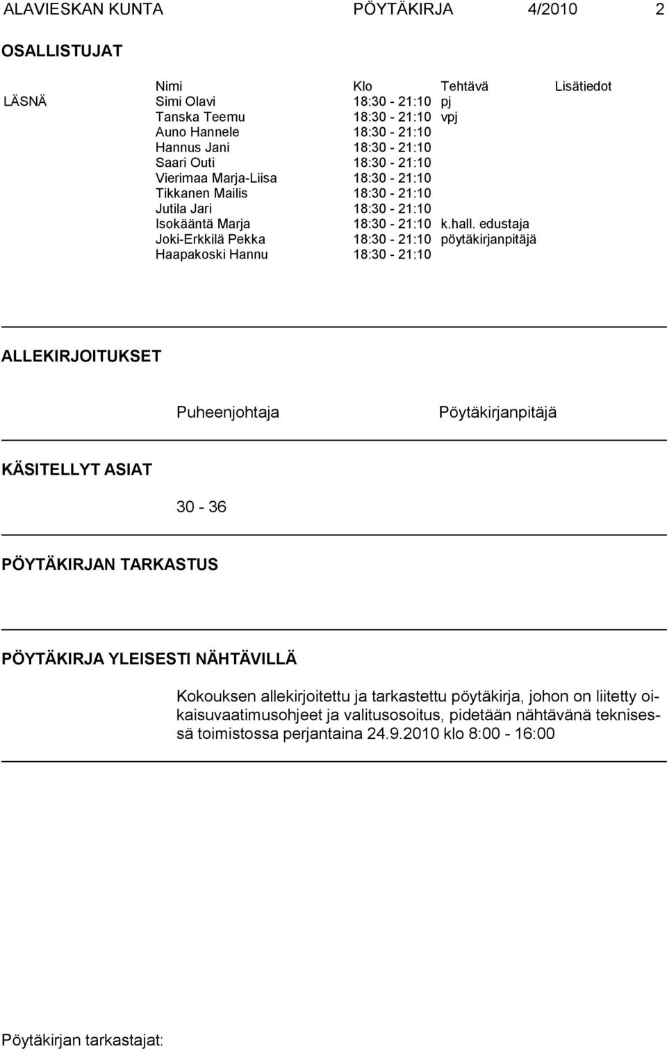 edustaja Joki-Erkkilä Pekka 18:30-21:10 pöytäkirjanpitäjä Haapakoski Hannu 18:30-21:10 ALLEKIRJOITUKSET Puheenjohtaja Pöytäkirjanpitäjä KÄSITELLYT ASIAT 30-36 PÖYTÄKIRJAN TARKASTUS