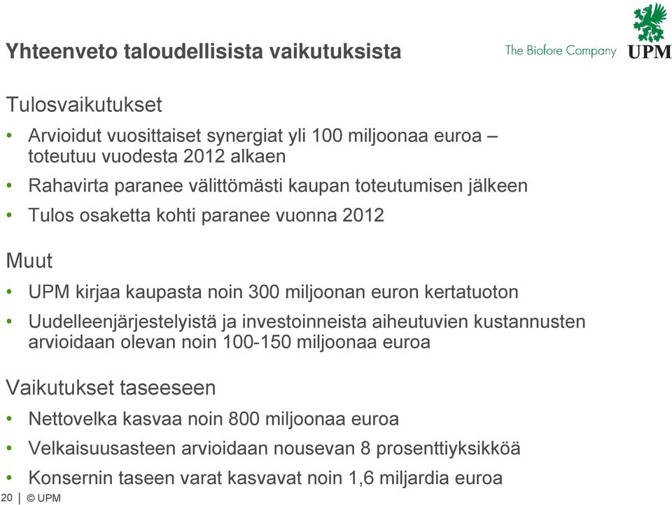 kertatuoton Uudelleenjärjestelyistä ja investoinneista aiheutuvien kustannusten arvioidaan olevan noin 100-150 miljoonaa euroa Vaikutukset taseeseen