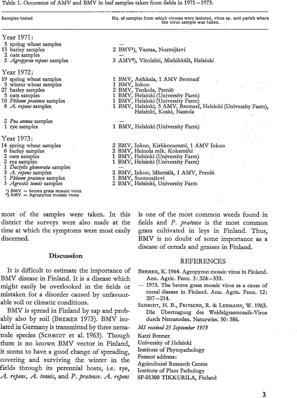 10 Phleum pratense samples 8 A. repens samples 2 Poa annua samples 1 rye samples Year 1973: 14 spring wheat samples 6 barley samples 2 oats samples 2 rye samples 1 Dactylis glomerata samples 3 A.