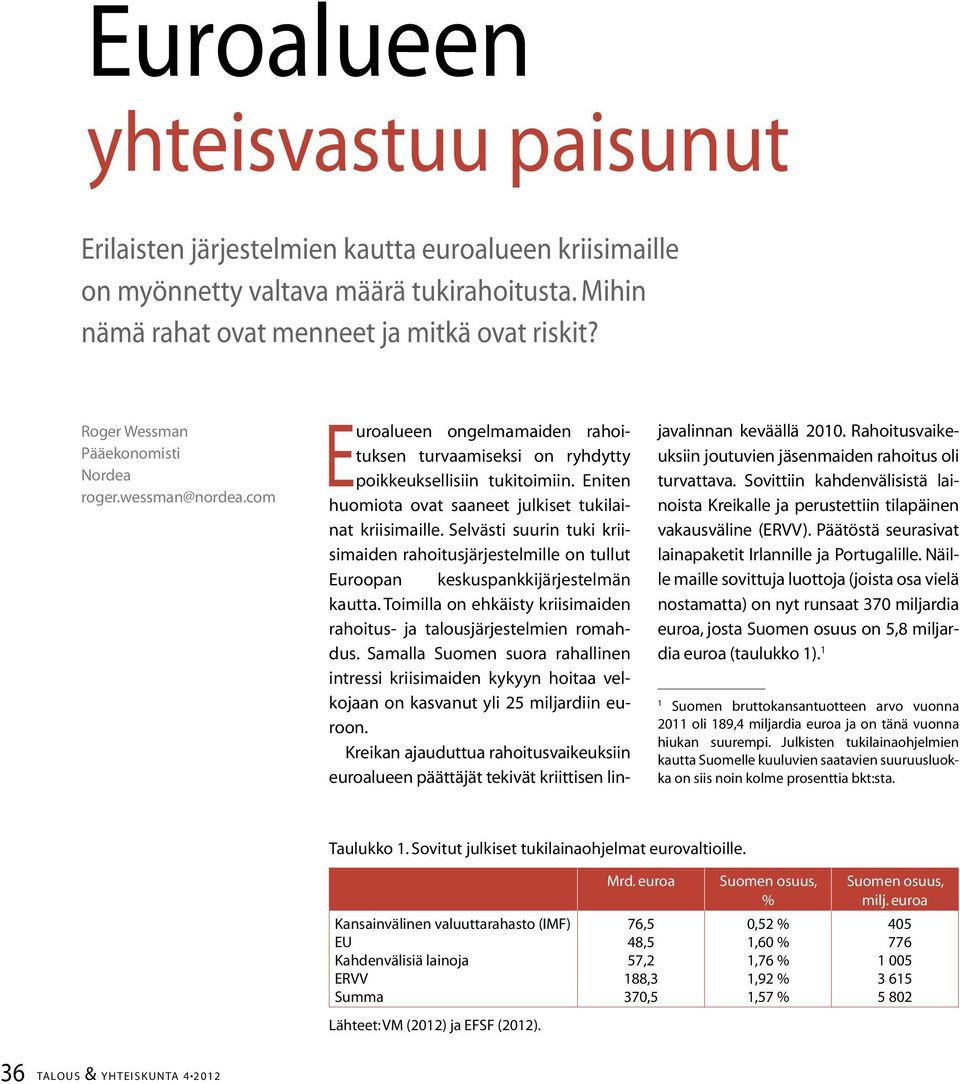 Eniten huomiota ovat saaneet julkiset tukilainat kriisimaille. Selvästi suurin tuki kriisimaiden rahoitusjärjestelmille on tullut Euroopan keskuspankkijärjestelmän kautta.