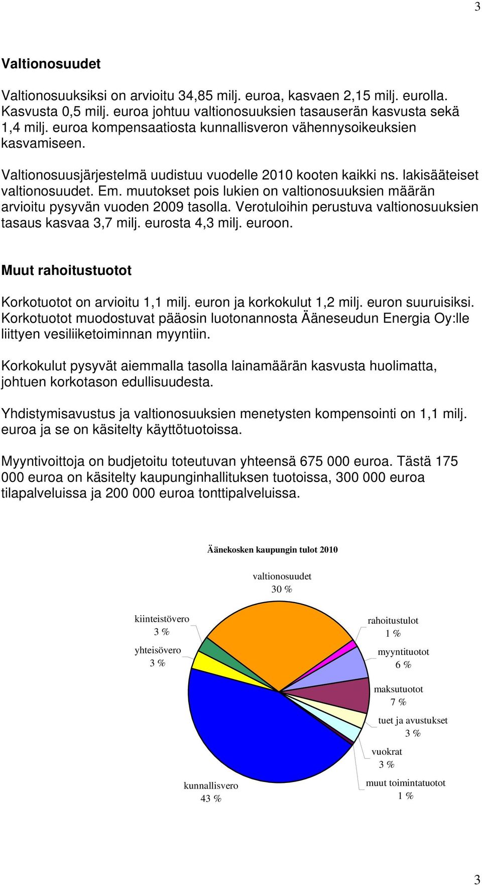 muutokset pois lukien on valtionosuuksien määrän arvioitu pysyvän vuoden 2009 tasolla. Verotuloihin perustuva valtionosuuksien tasaus kasvaa 3,7 milj. eurosta 4,3 milj. euroon.