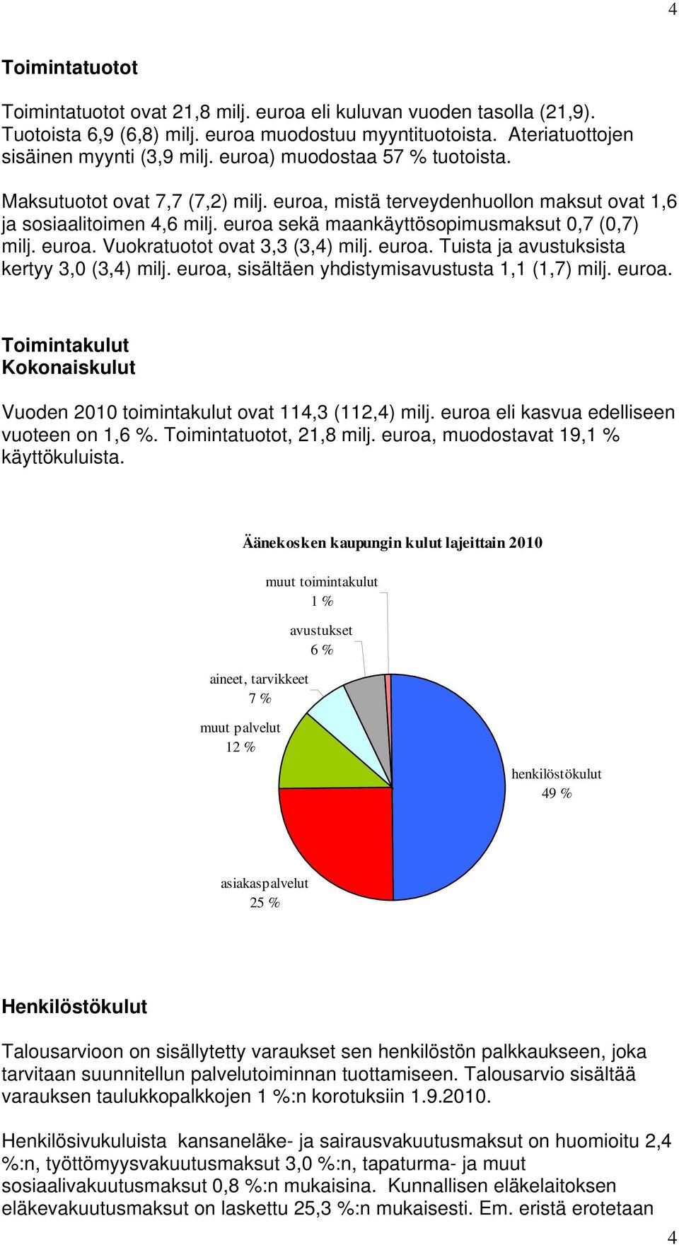 euroa. Tuista ja avustuksista kertyy 3,0 (3,4) milj. euroa, sisältäen yhdistymisavustusta 1,1 (1,7) milj. euroa. Toimintakulut Kokonaiskulut Vuoden 2010 toimintakulut ovat 114,3 (112,4) milj.