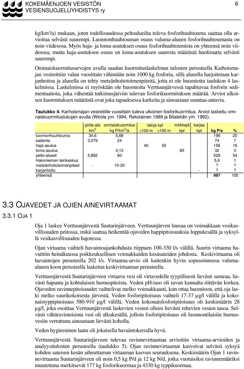 Ominaiskuormitusarvojen avulla saadun kuormituslaskelman tulosten perusteella Karhoismajan vesireittiin valuu vuosittain vähintään noin 1000 kg fosforia, sillä alueella harjoitetaan karjanhoitoa ja