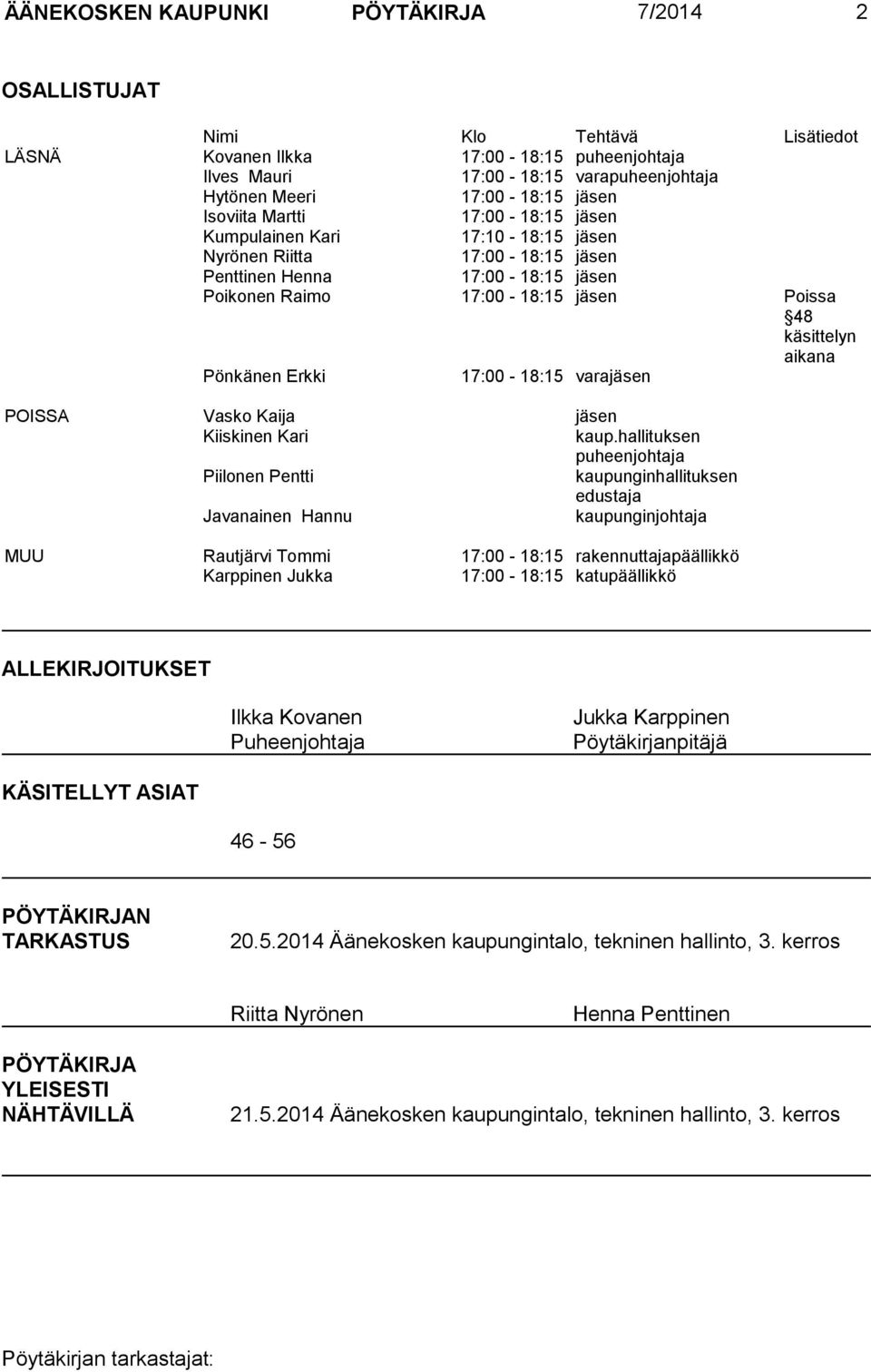 aikana Pönkänen Erkki 17:00-18:15 varajäsen POISSA Vasko Kaija jäsen Kiiskinen Kari kaup.