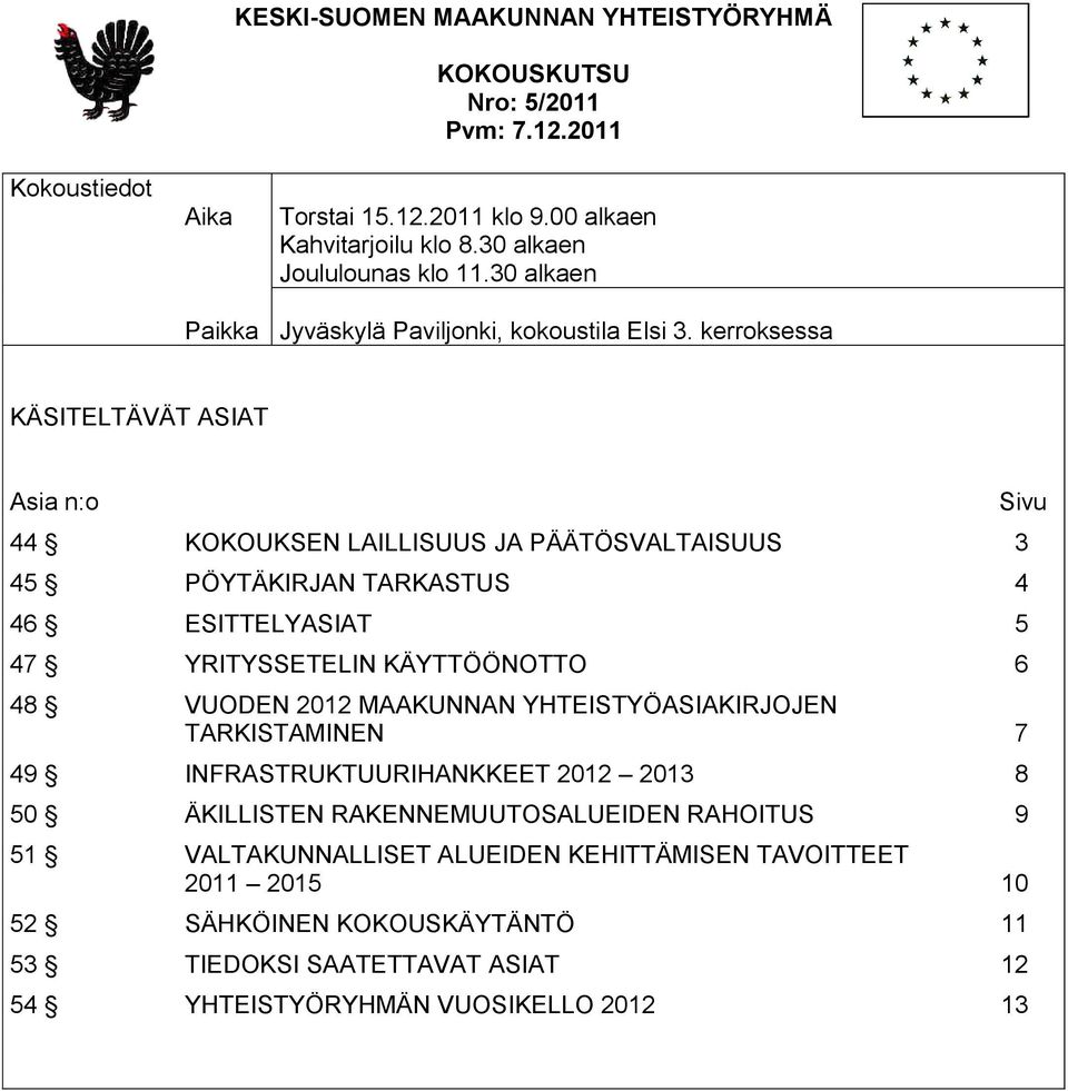 kerroksessa KÄSITELTÄVÄT ASIAT Asia n:o 44 KOKOUKSEN LAILLISUUS JA PÄÄTÖSVALTAISUUS 3 45 PÖYTÄKIRJAN TARKASTUS 4 46 ESITTELYASIAT 5 47 YRITYSSETELIN KÄYTTÖÖNOTTO 6 48 VUODEN 2012