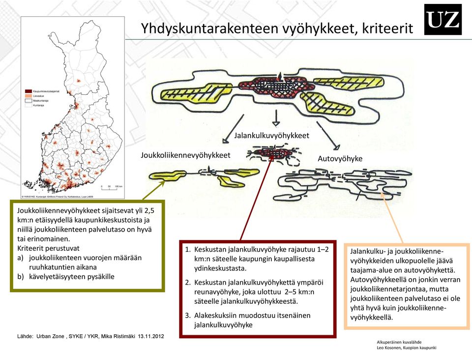 Kriteerit perustuvat a) joukkoliikenteen vuorojen määrään ruuhkatuntien aikana b) kävelyetäisyyteen pysäkille Lähde: Urban Zone, SYKE / YKR, Mika Ristimäki 13.11.2012 1.