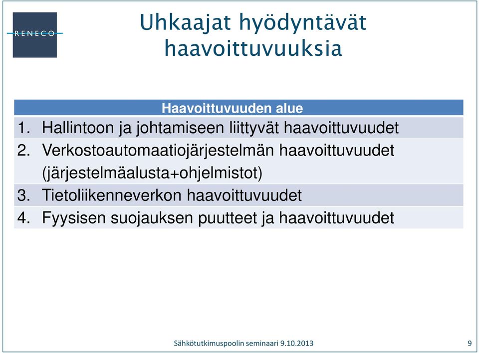 Verkostoautomaatiojärjestelmän haavoittuvuudet (järjestelmäalusta+ohjelmistot) 3.