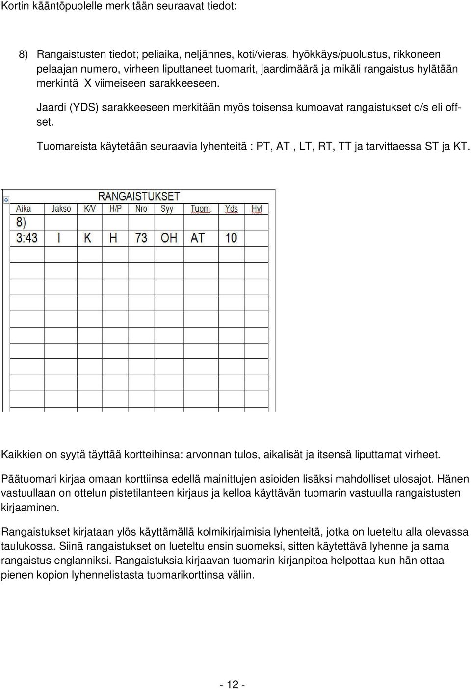 Tuomareista käytetään seuraavia lyhenteitä : PT, AT, LT, RT, TT ja tarvittaessa ST ja KT. Kaikkien on syytä täyttää kortteihinsa: arvonnan tulos, aikalisät ja itsensä liputtamat virheet.